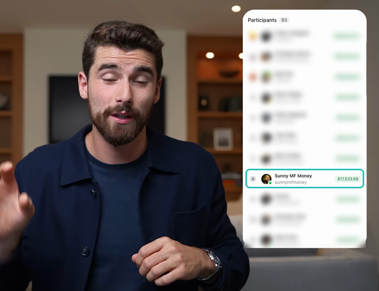 Iman Gadzhi on YouTube with the Monetise Mania leaderboard, Sunny MF Money eighth of 93